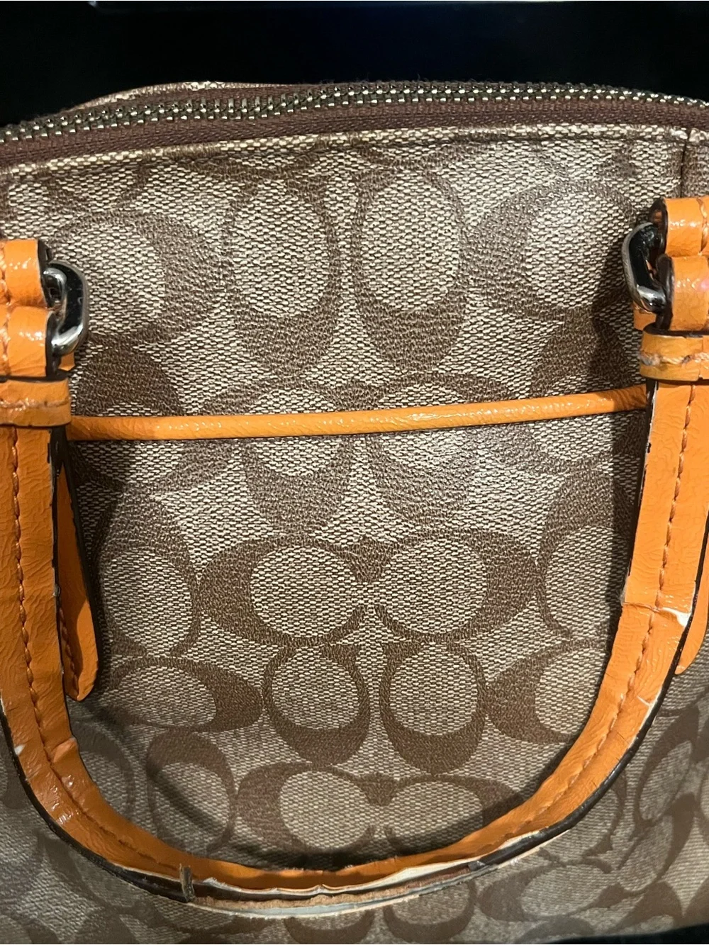 Coach Brown Signature Dome Satchel with Orange Trim
